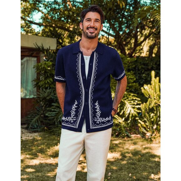 Men Navy Blue Embroidered Short Sleeve Button Up Casual Knit Shirt Stylish - Picture 2 of 5